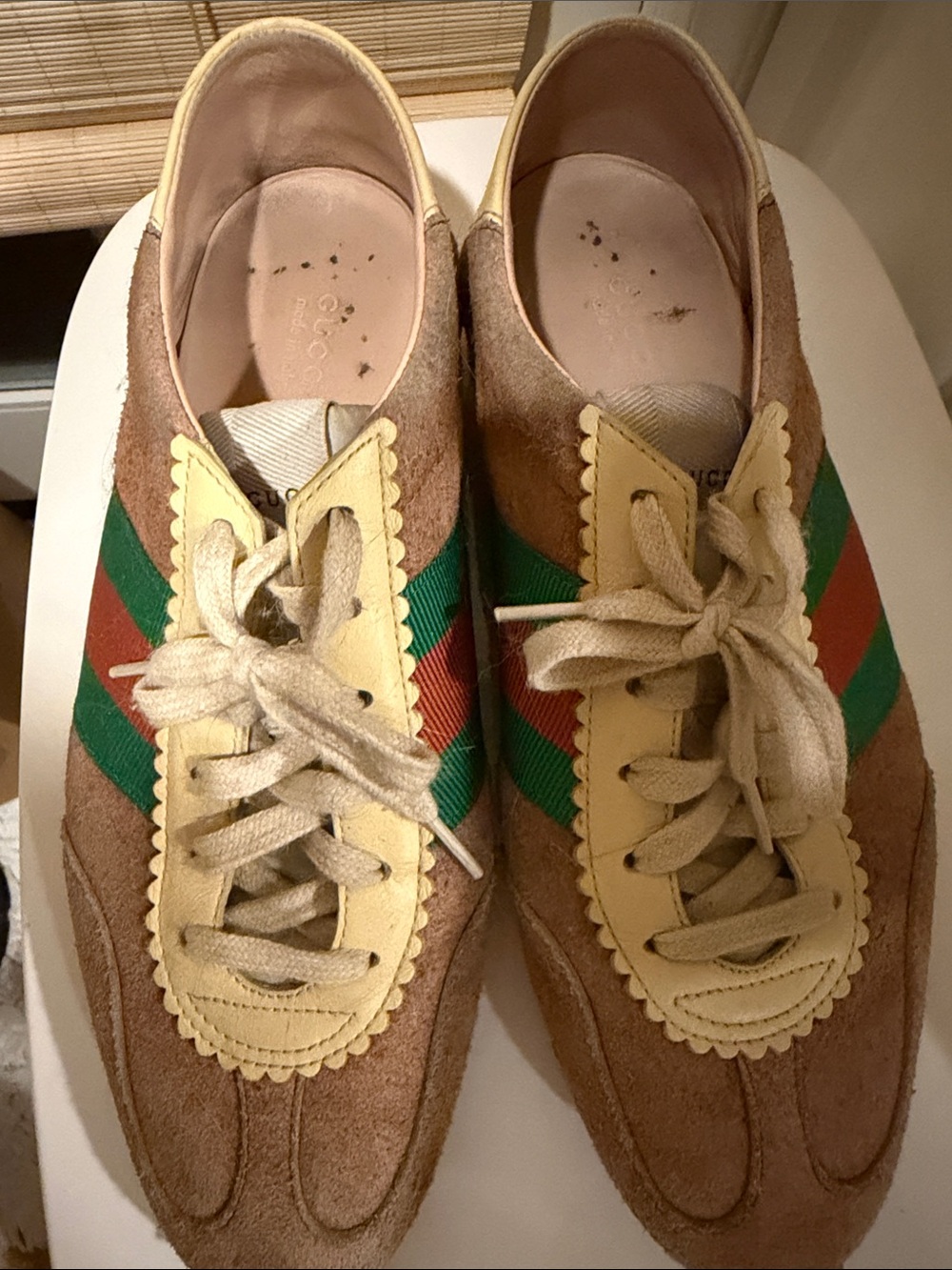 Gucci Brown Suede Women's Sneakers with Green & Red Stripe